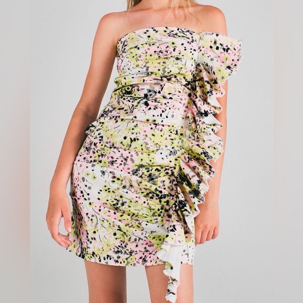 Gina Gorgeous Floral Print Mini Cotton/Elastane Ruffle Dress(Size 44)